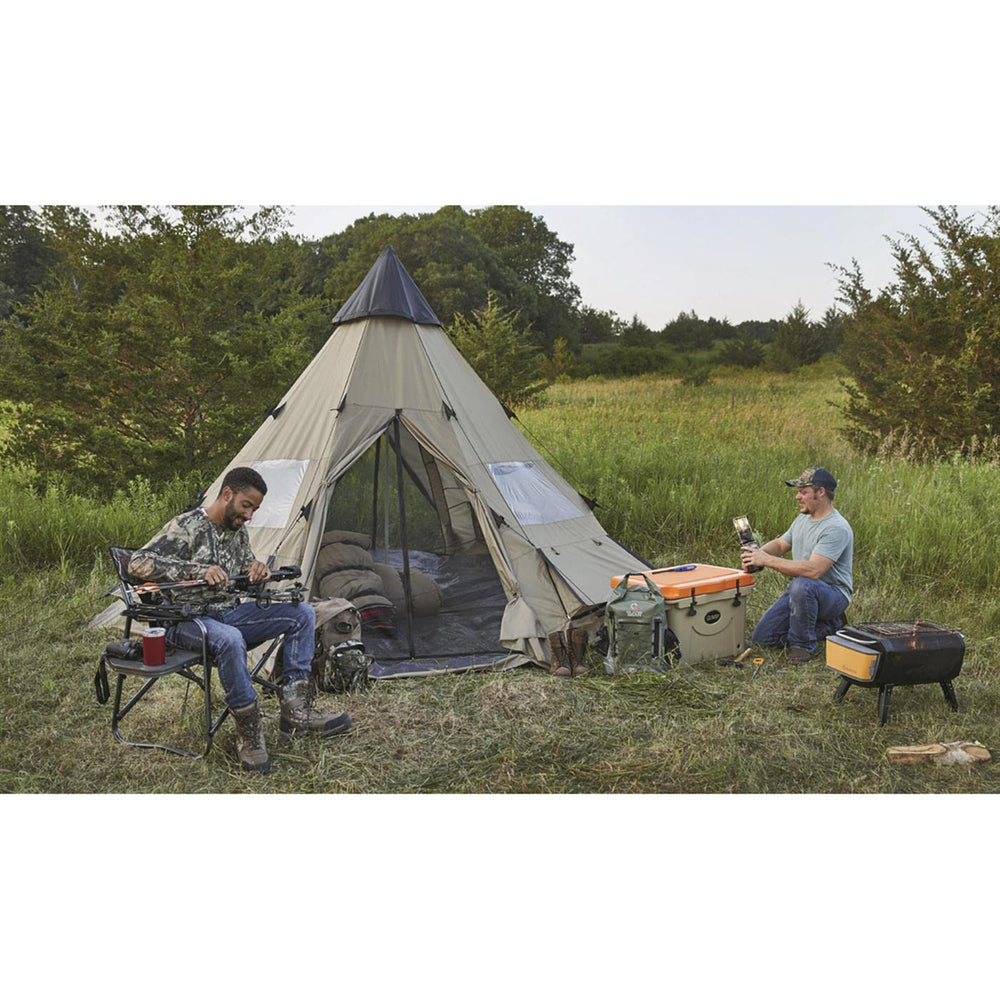 Guide Gear teepee tent peak ventilation promotes airflow on warm nights.