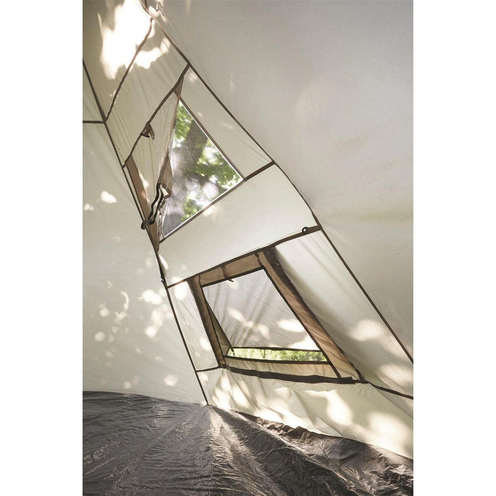 Guide Gear teepee tent includes stake lines for stability.