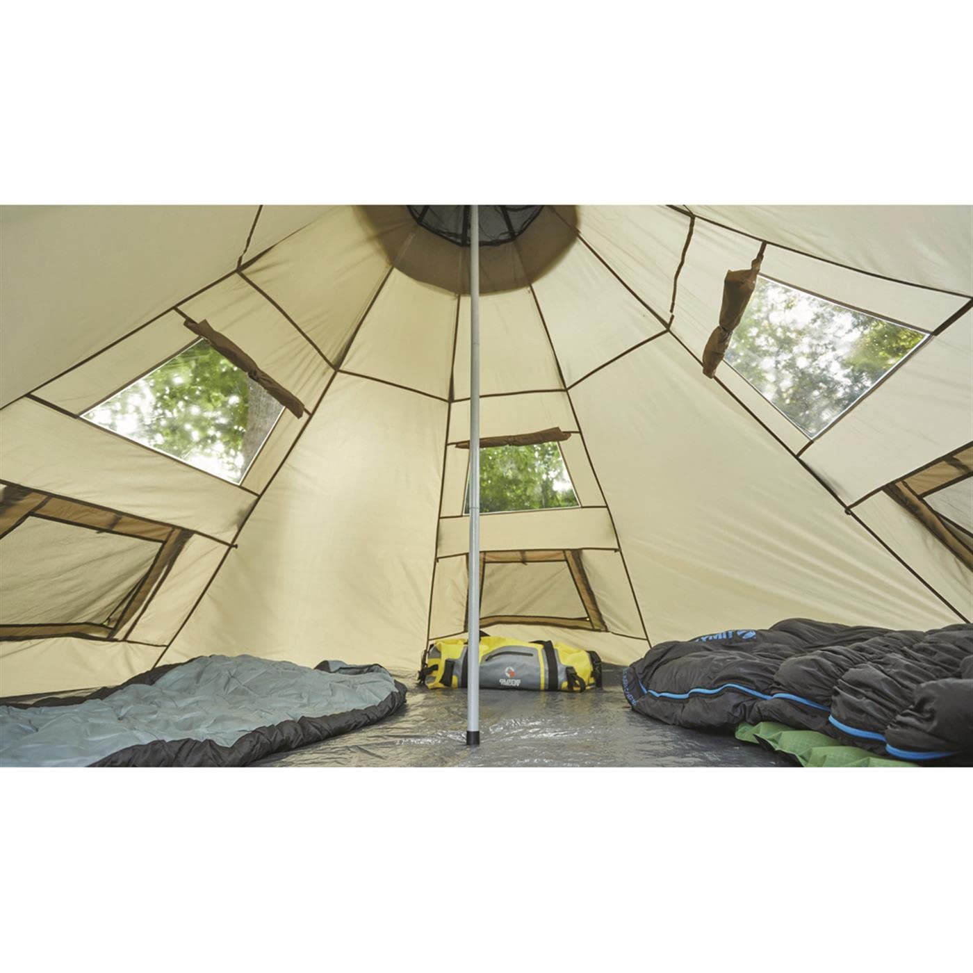 Guide Gear teepee tent with three windows and peak ventilation.
