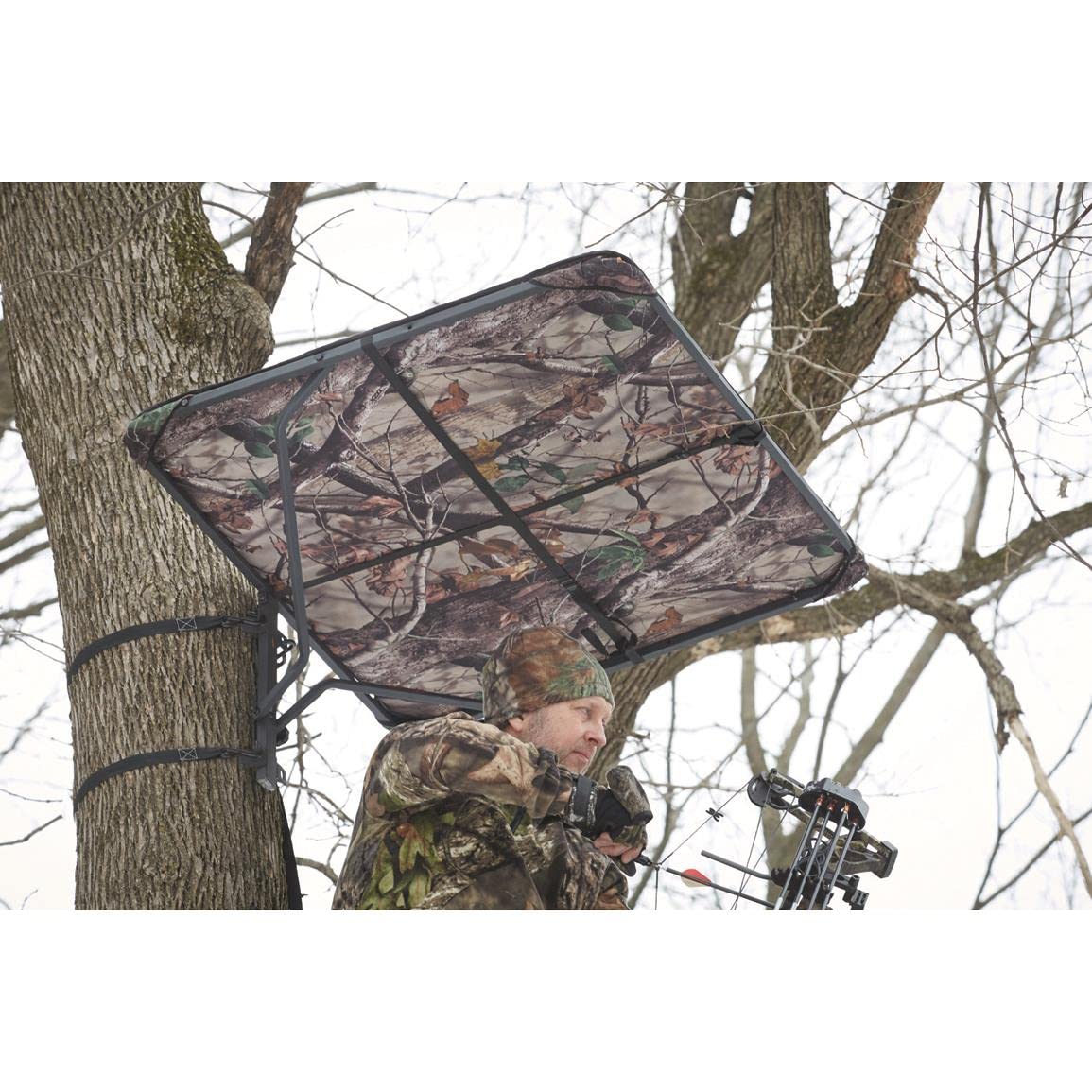 Guide Gear Tree Stand Umbrella camouflage design blends with surroundings for stealth hunting.