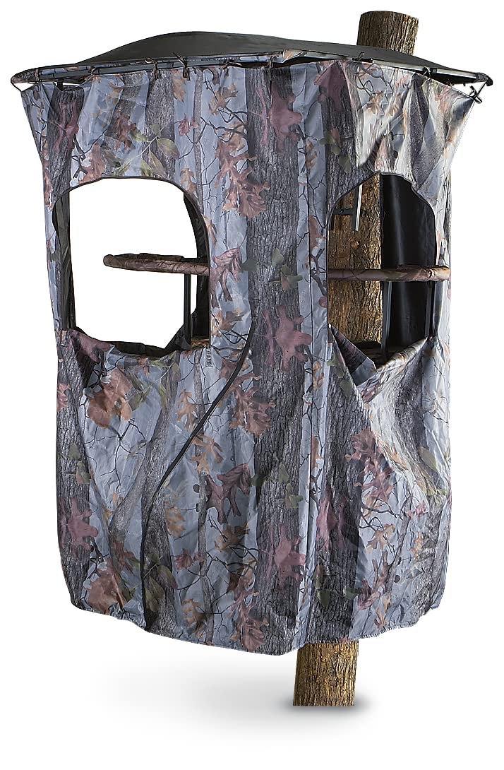 Guide Gear universal tree stand blind front view emphasizes camo concealment and easy entry