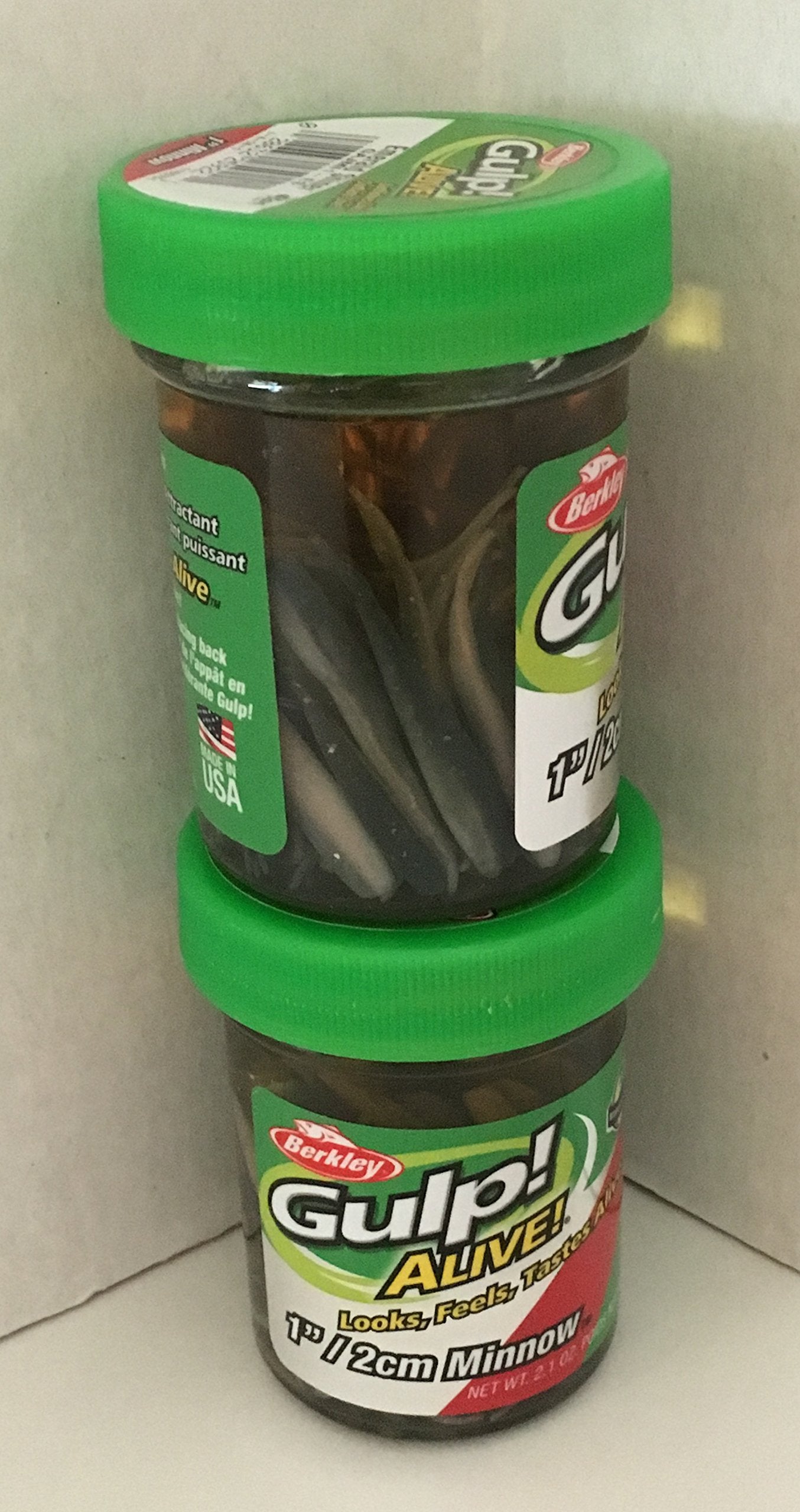 Close-up of Berkley Gulp Alive Emerald Shiner minnows in the 1-inch size, ideal for ice fishing.