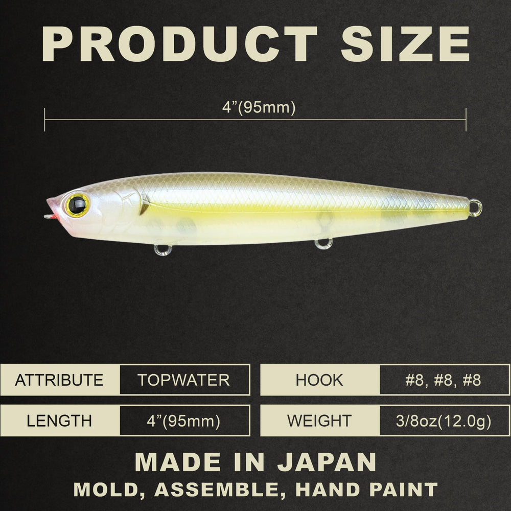 Gunfish 95 top-water lure angled shot Chartreuse Shad