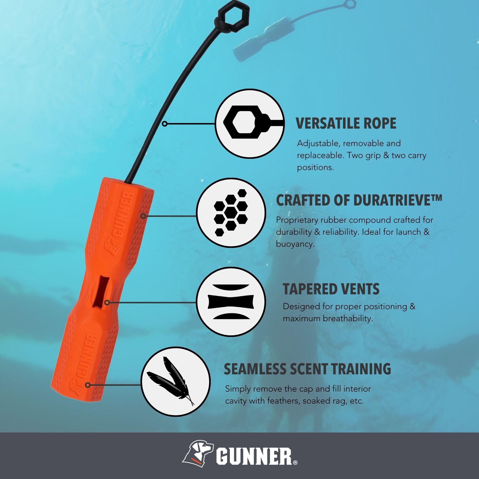 GUNNER dog training bumper orange close-up highlights rugged DuraTrieve rubber material