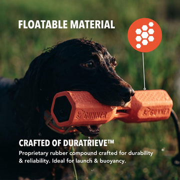 GUNNER dog training bumper orange hex grip positions for pile work and dock diving