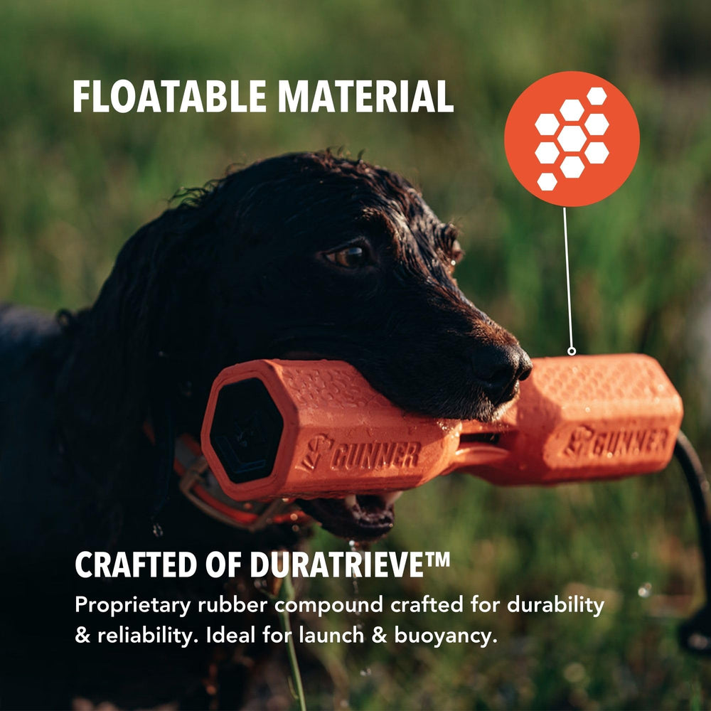 GUNNER dog training bumper orange hex grip positions for pile work and dock diving