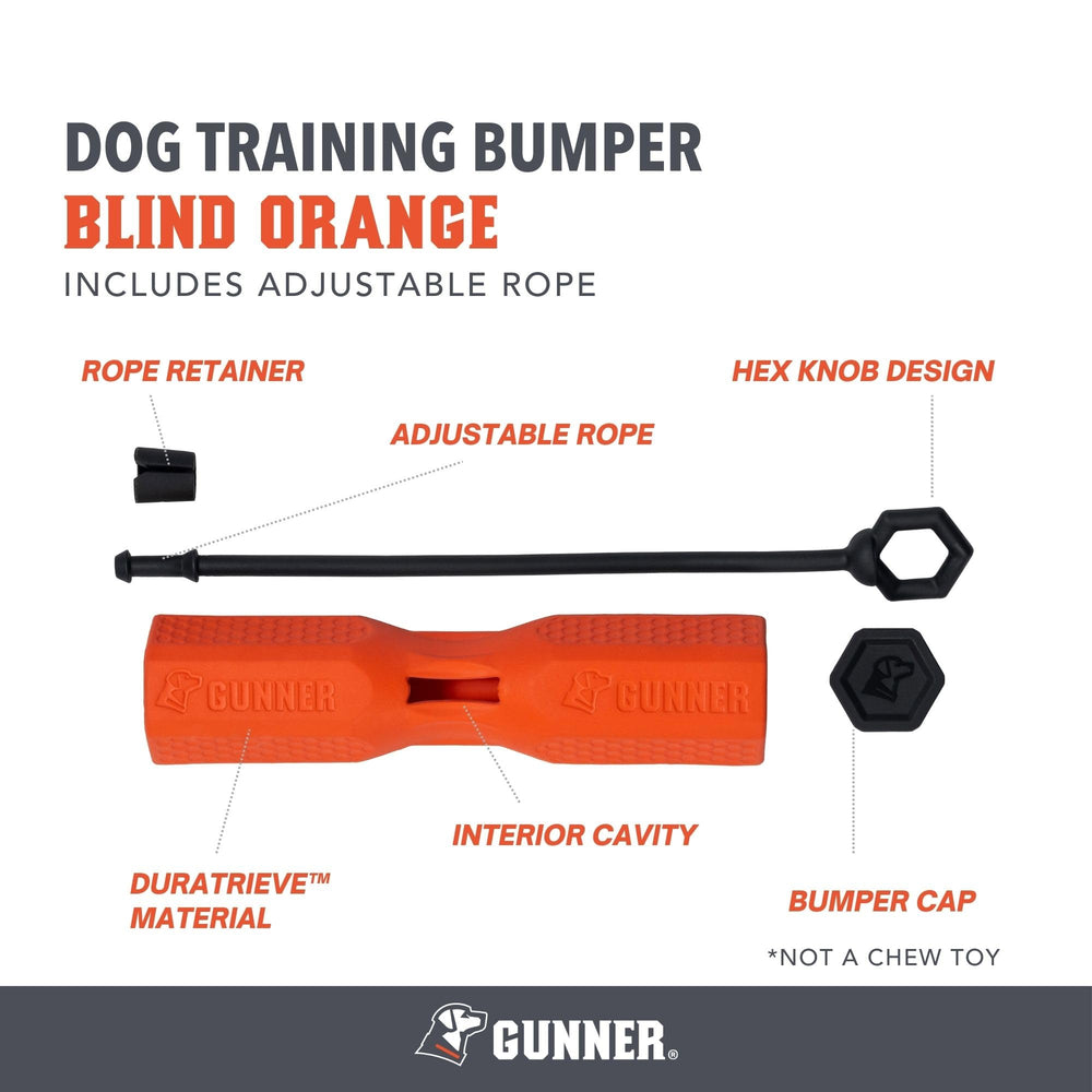 GUNNER dog training bumper orange side view demonstrates durable, float-ready design for water retrieves