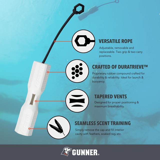GUNNER dog training bumper white in-water demonstrates buoyant design for water retrieves.