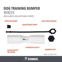 GUNNER dog training bumper white side view highlights durable exterior for rugged outdoor drills.