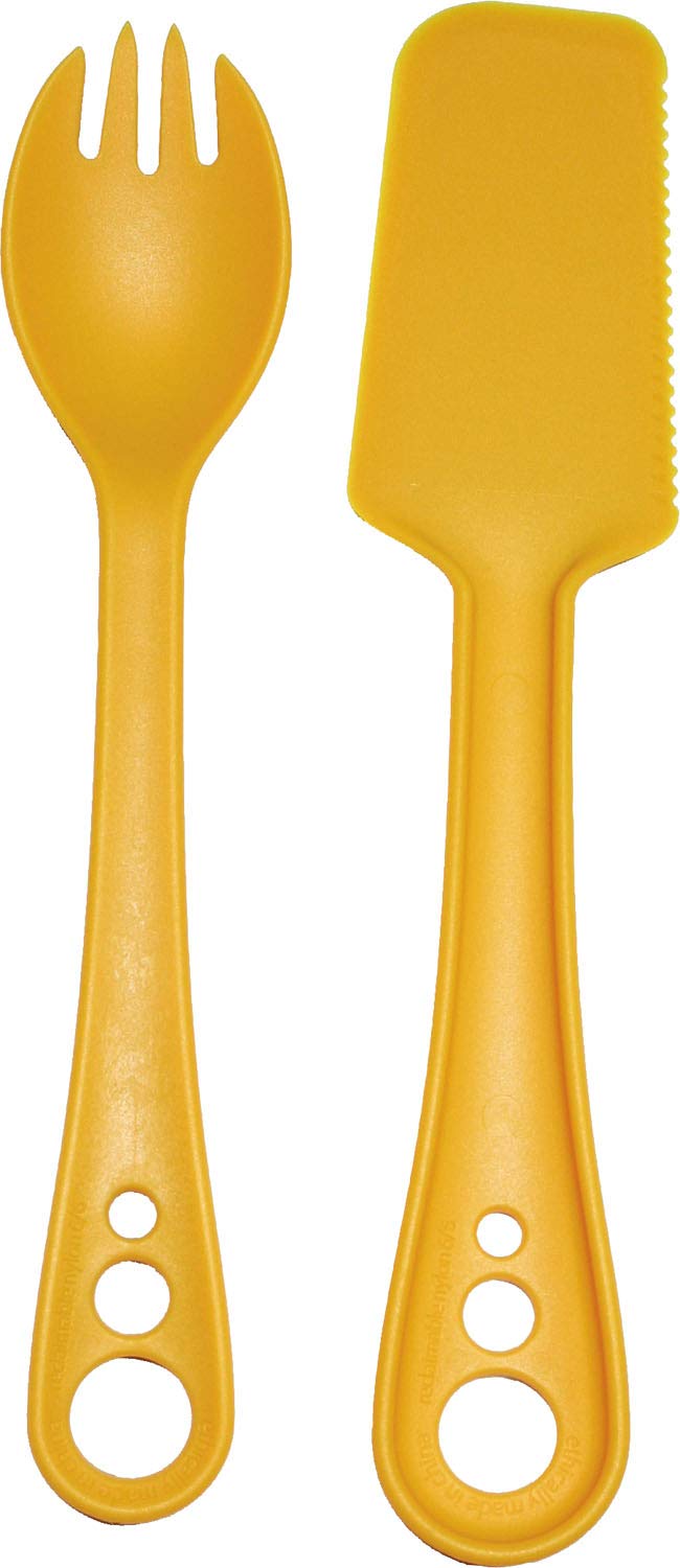 Guyot Designs Microbites Tangerine in use, lightweight utensil for on-the-go dining