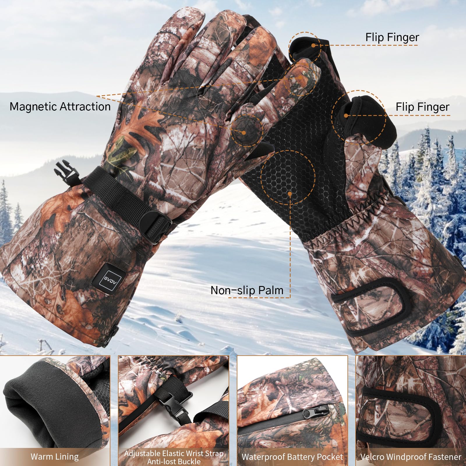 GVDV heated gloves adjustable wrist strap to seal out wind.