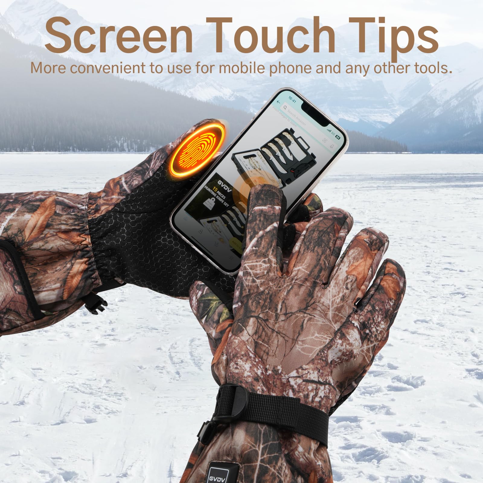 GVDV Hunting Heated Gloves enable touchscreen use with conductive forefinger