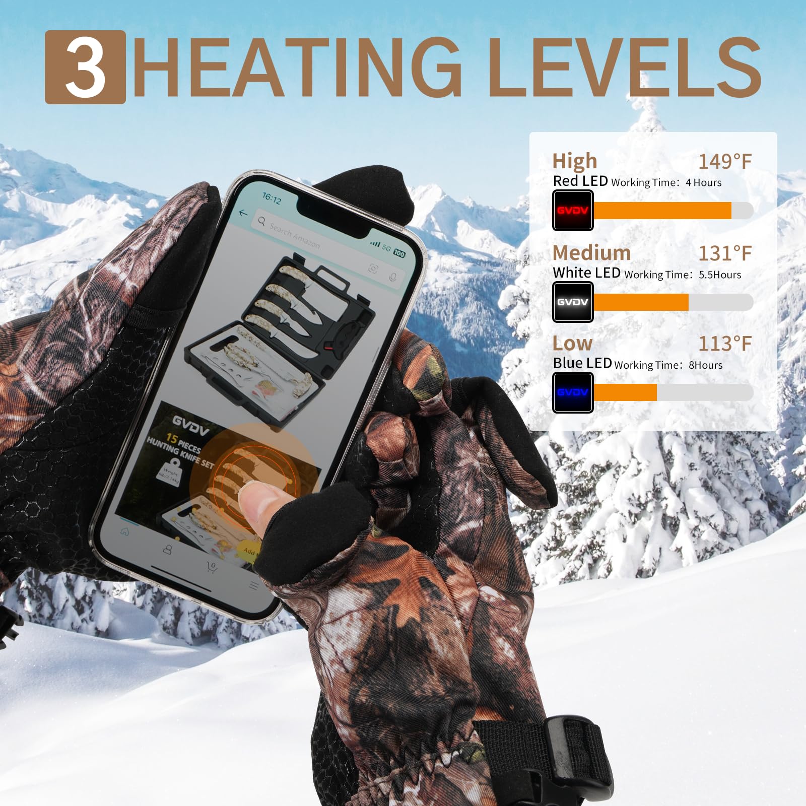 GVDV heated gloves touchscreen use with forefinger for device access.