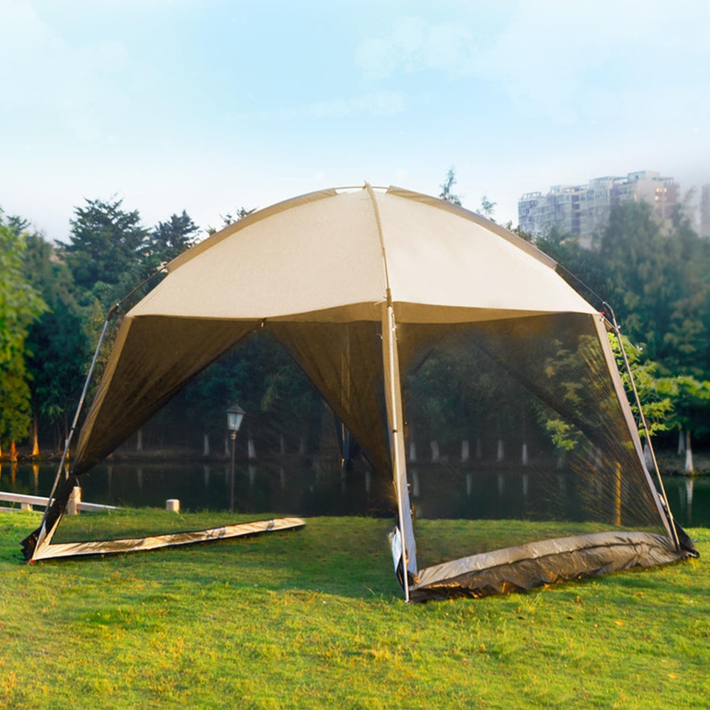 GVDV screen house tent 11x11 front view provides roomy shade for family picnics