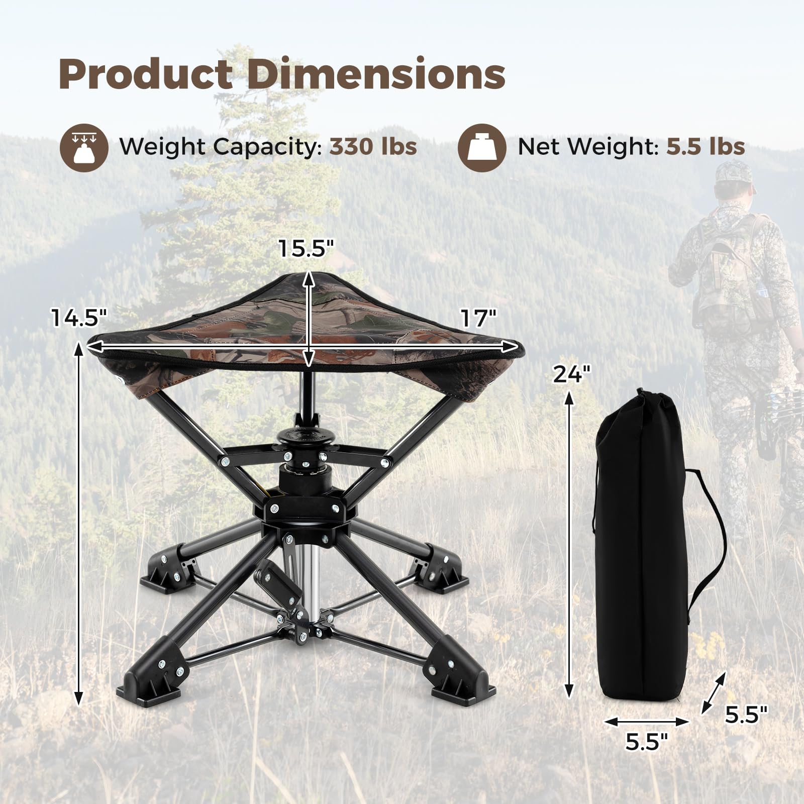 GYMAX 360° Swivel Camping Stool – Portable Folding Chair with Carry Bag