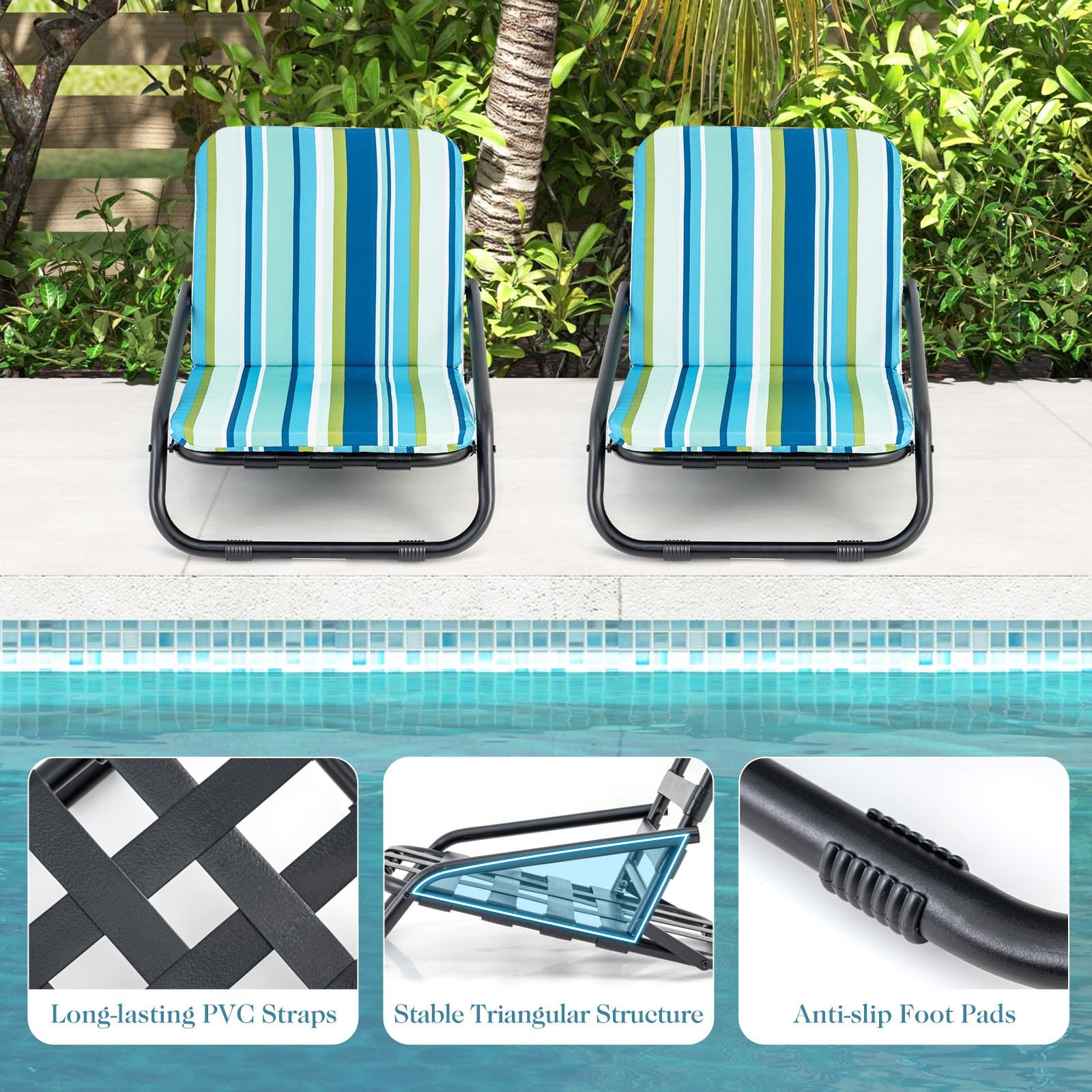 GYMAX Beach Chair anti-slip feet help grip on sandy or uneven surfaces.