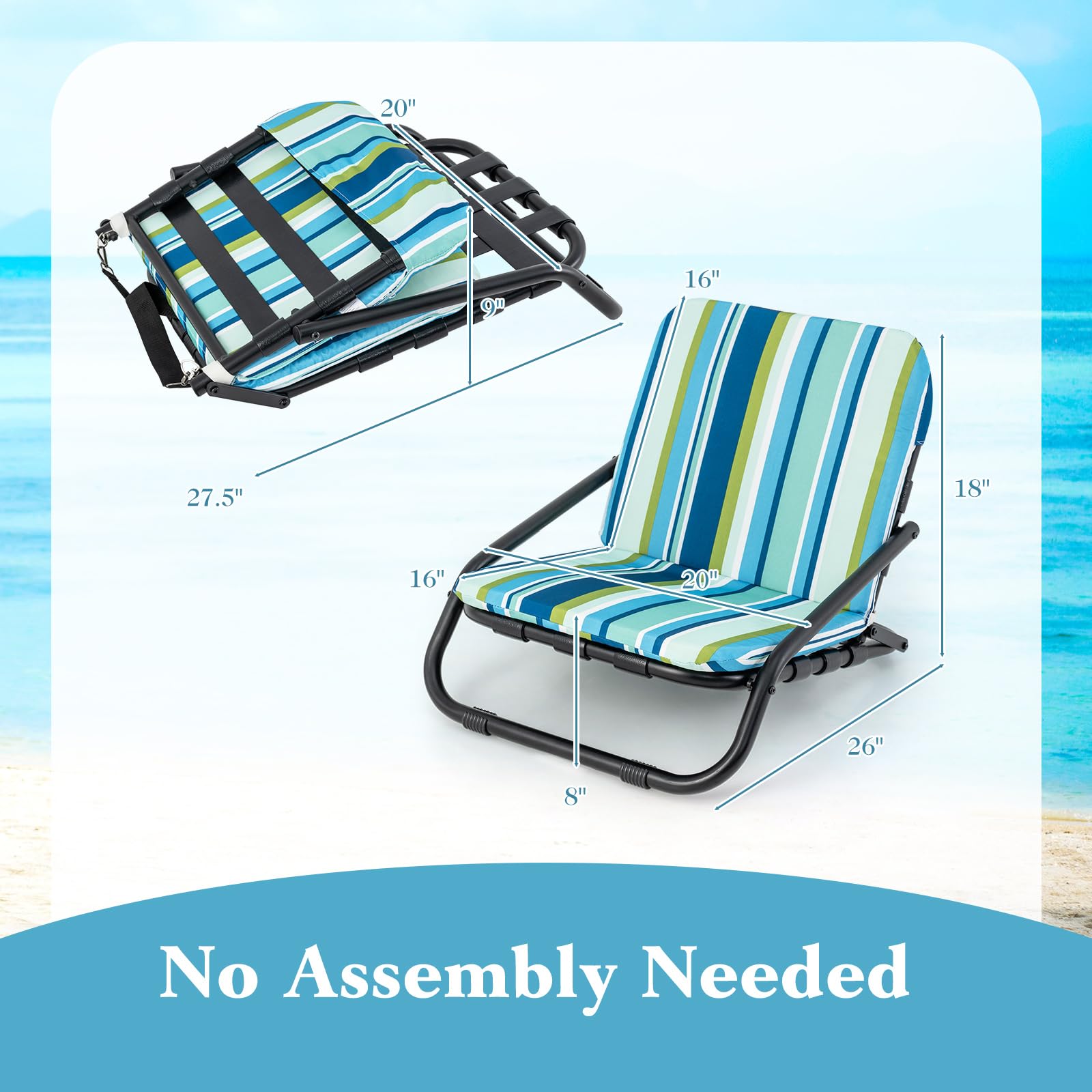 GYMAX Beach Chair blue stripe folded view highlights portable, lightweight design.