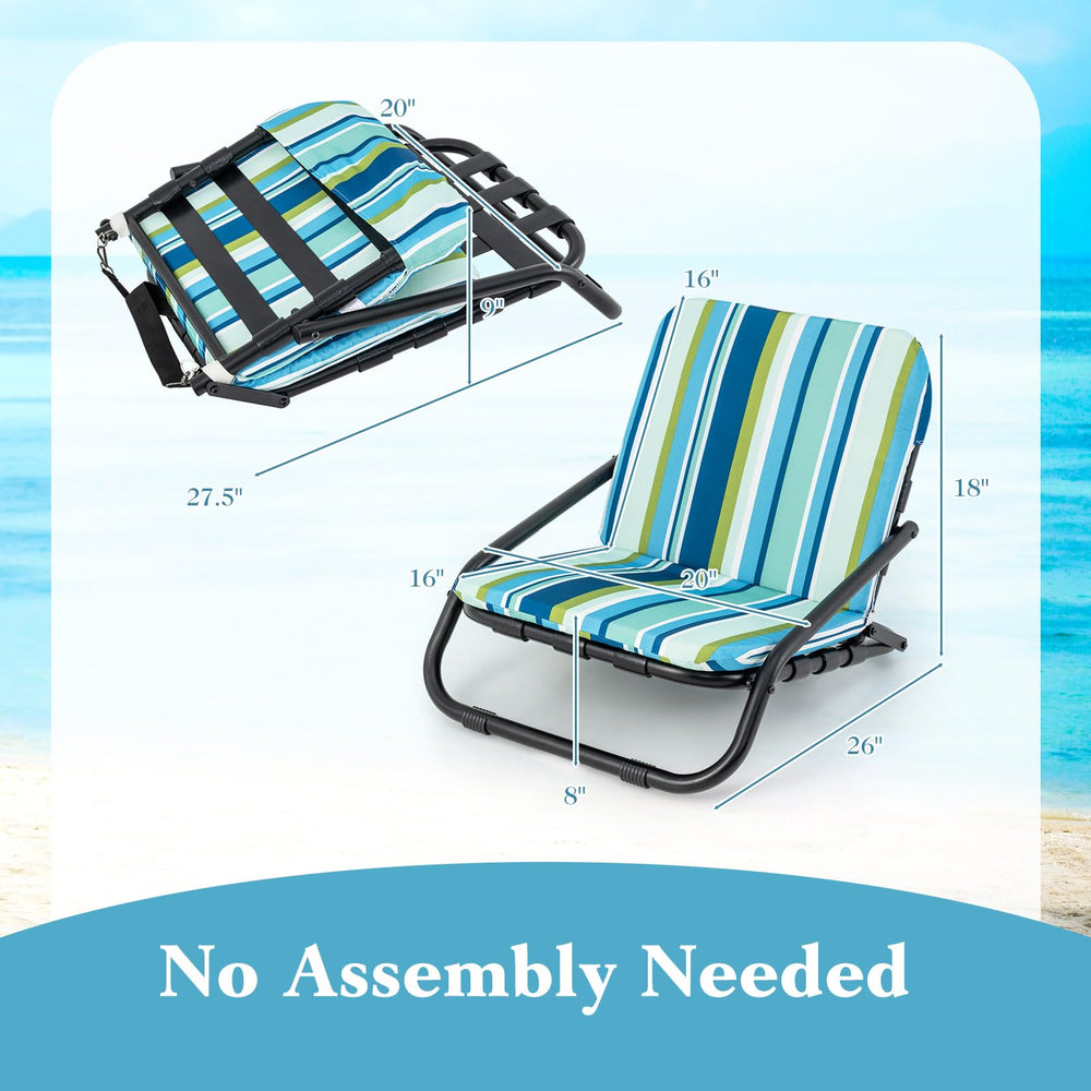 GYMAX Beach Chair blue stripe folded view highlights portable, lightweight design.
