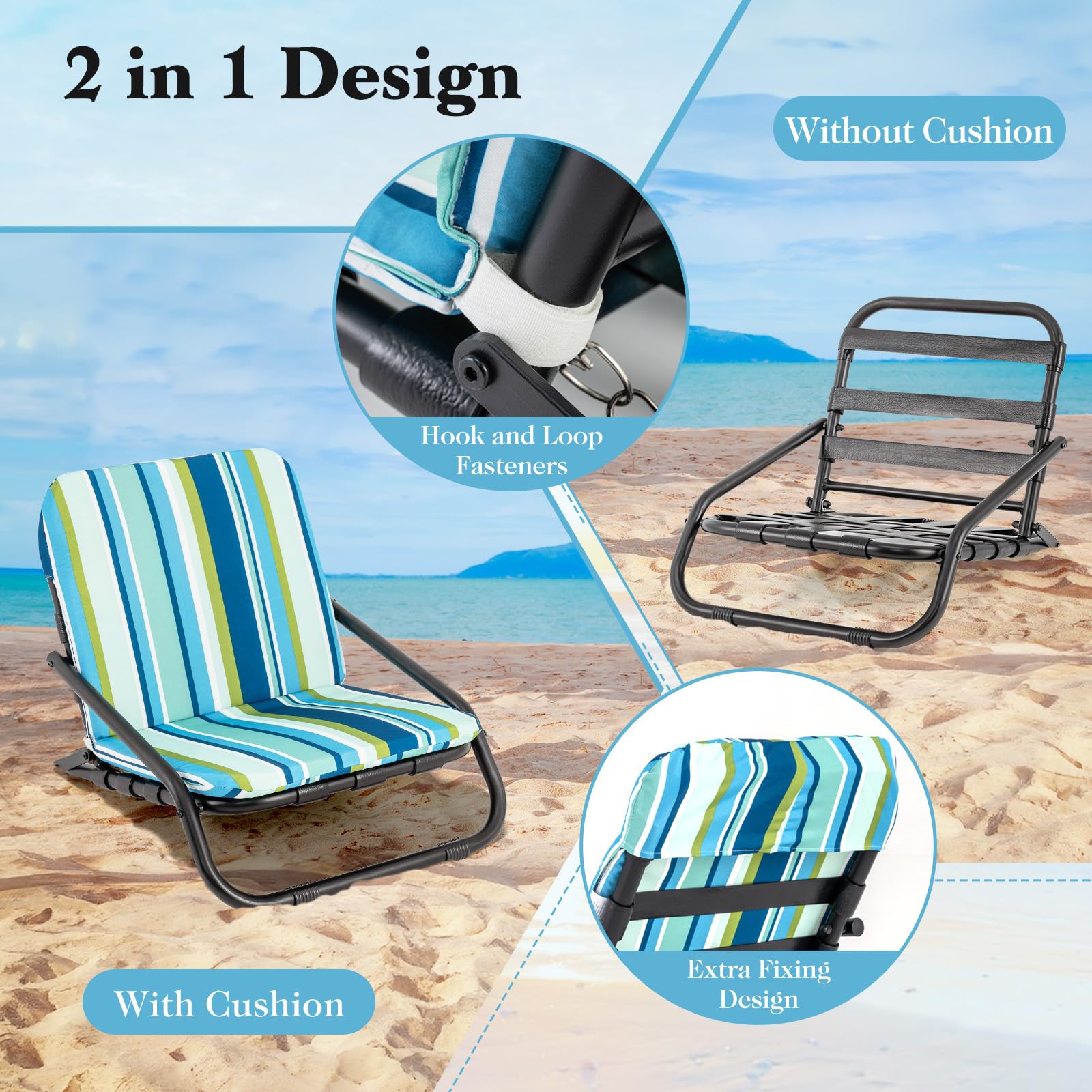 GYMAX Beach Chair blue stripe with shoulder strap enables effortless transport.