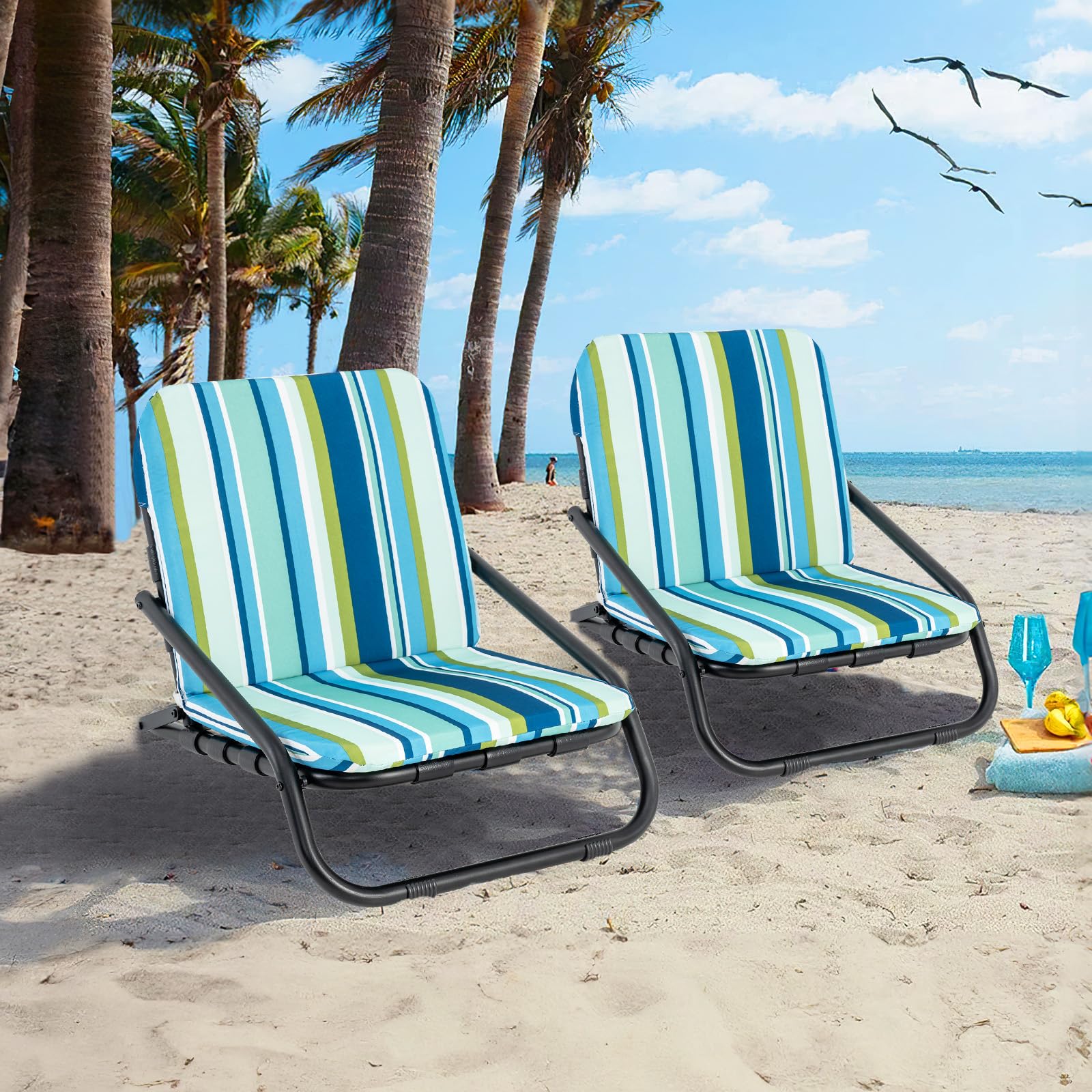 GYMAX Beach Chair blue stripe side view shows compact folding for easy travel.