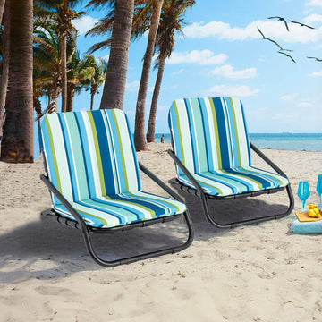 GYMAX Beach Chair blue stripe side view shows compact folding for easy travel.