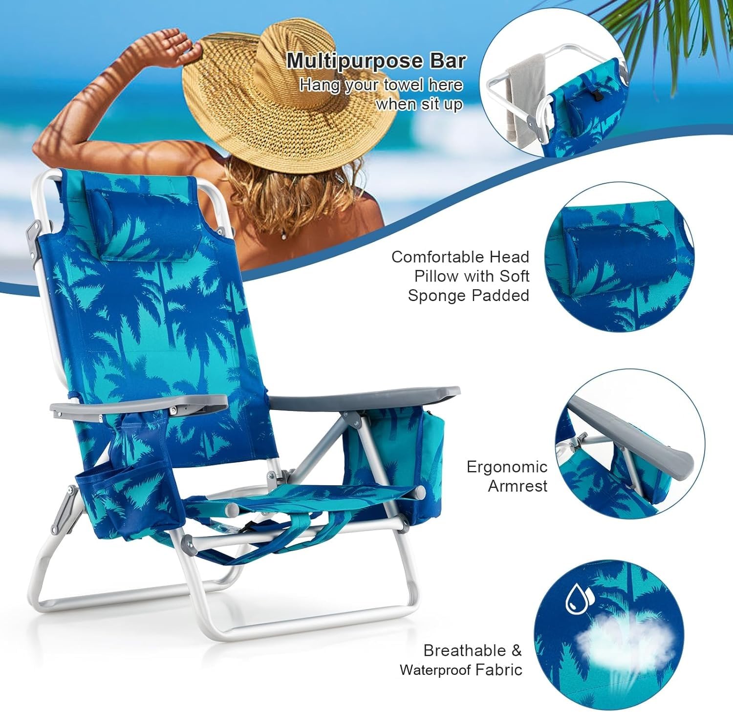 GYMAX Beach Chair breathable seating keeps you cooler in sunny weather.