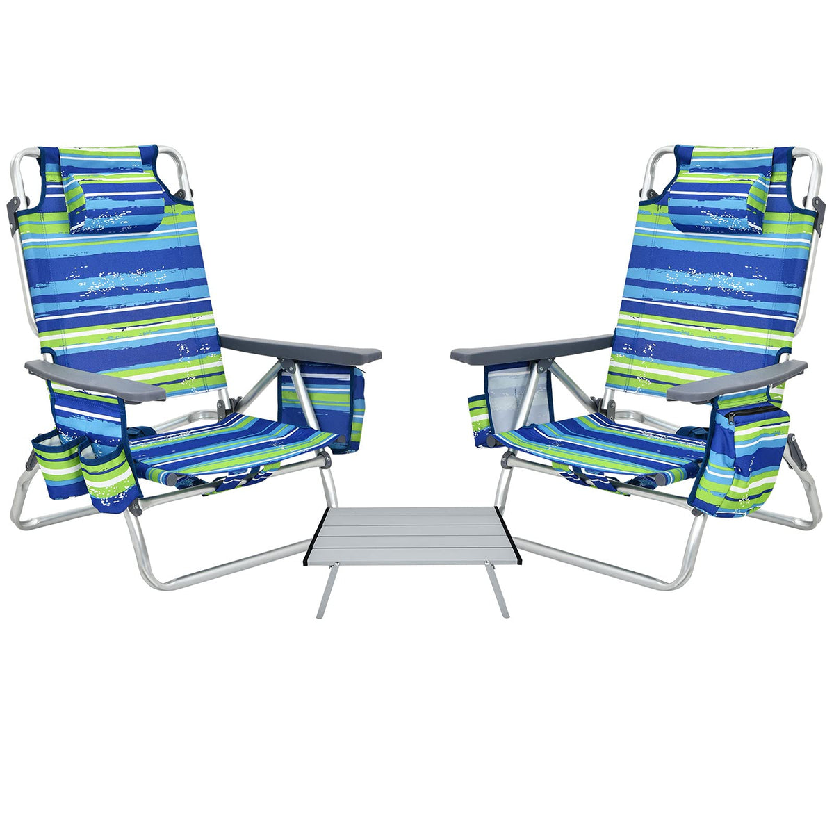 GYMAX beach chair folding blue stripe for easy transport.