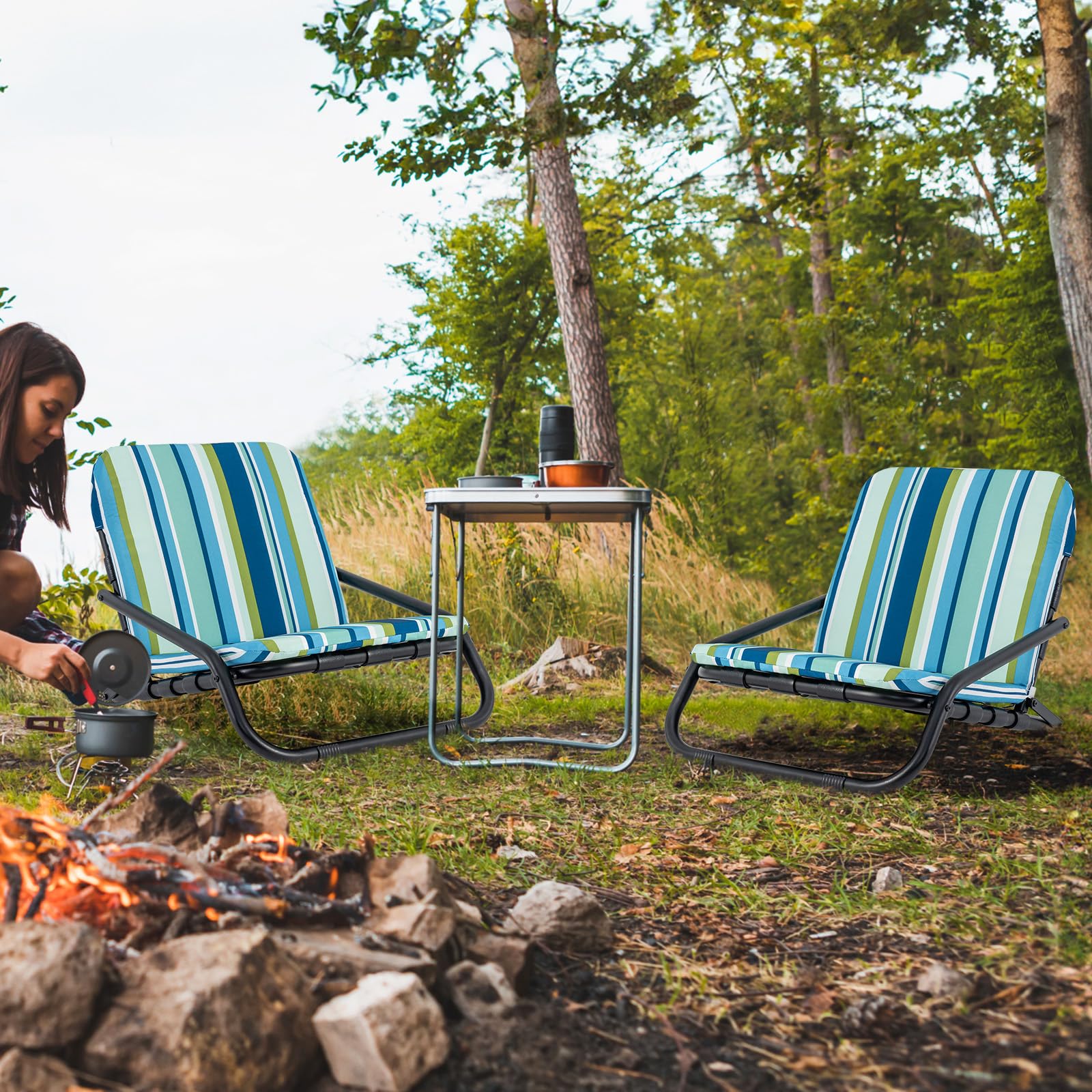 GYMAX Beach Chair ready for outdoor use, ideal for camping or beach trips.