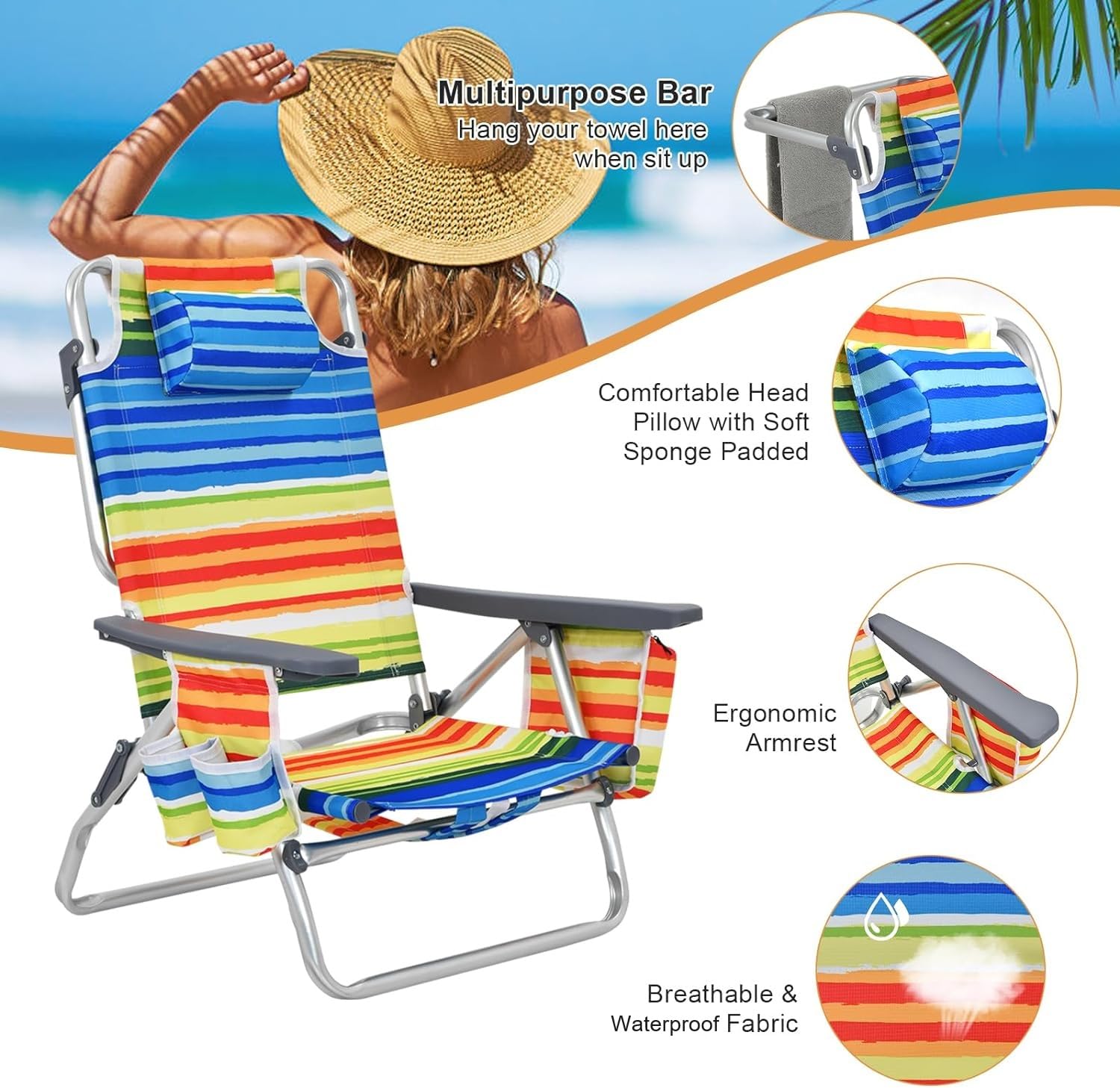 GYMAX beach chair padded shoulder straps simplify carrying to the beach.