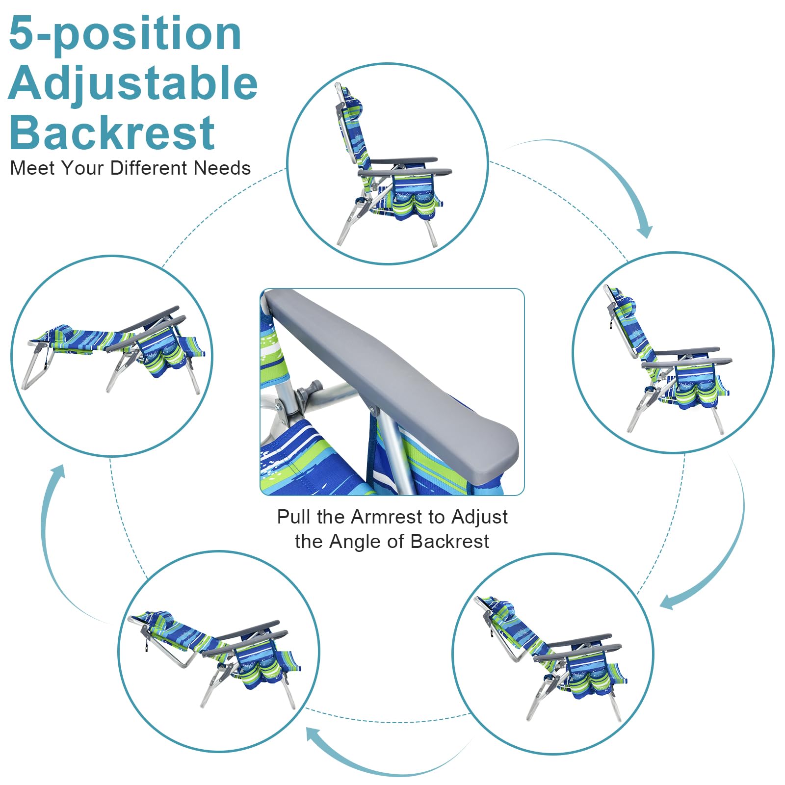GYMAX beach chair side pockets for quick-access storage.
