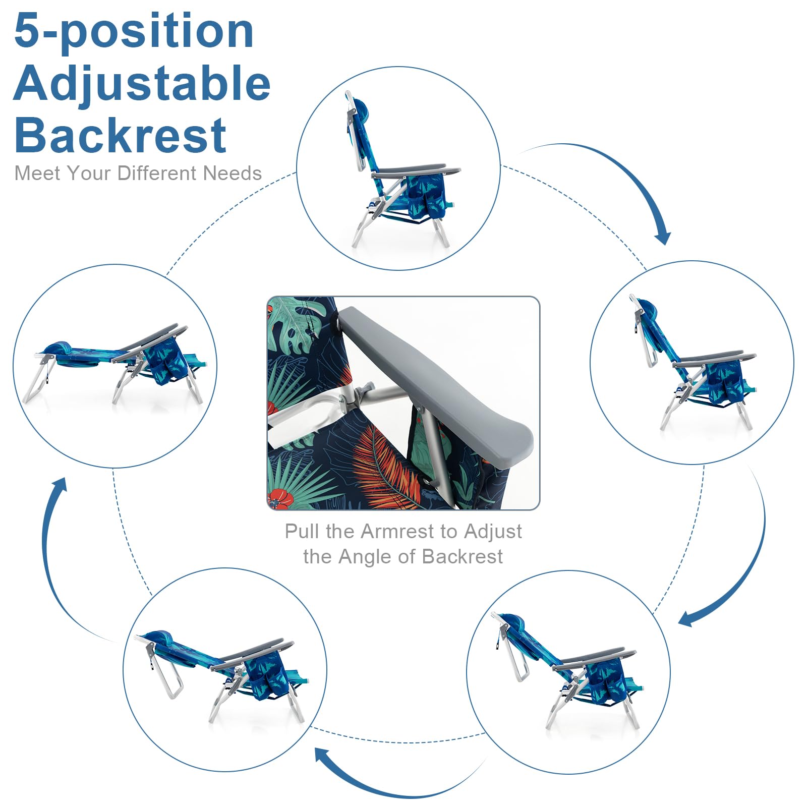 GYMAX Beach Chair side pockets organize essentials within arm’s reach.