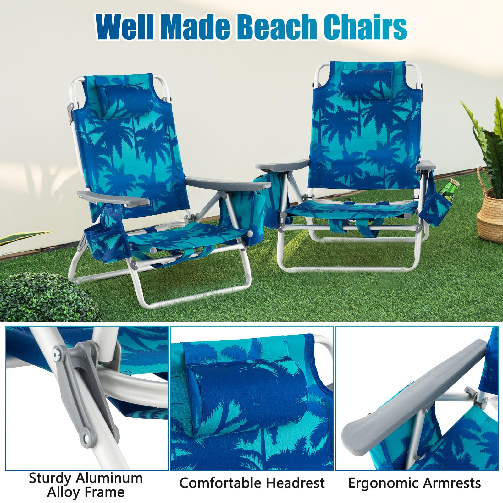 GYMAX beach chair with towel bar for quick access to towels