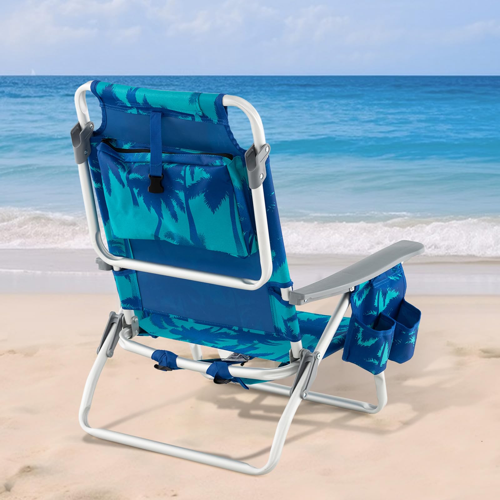 GYMAX beach chair with cup holder ready for drinks by the water