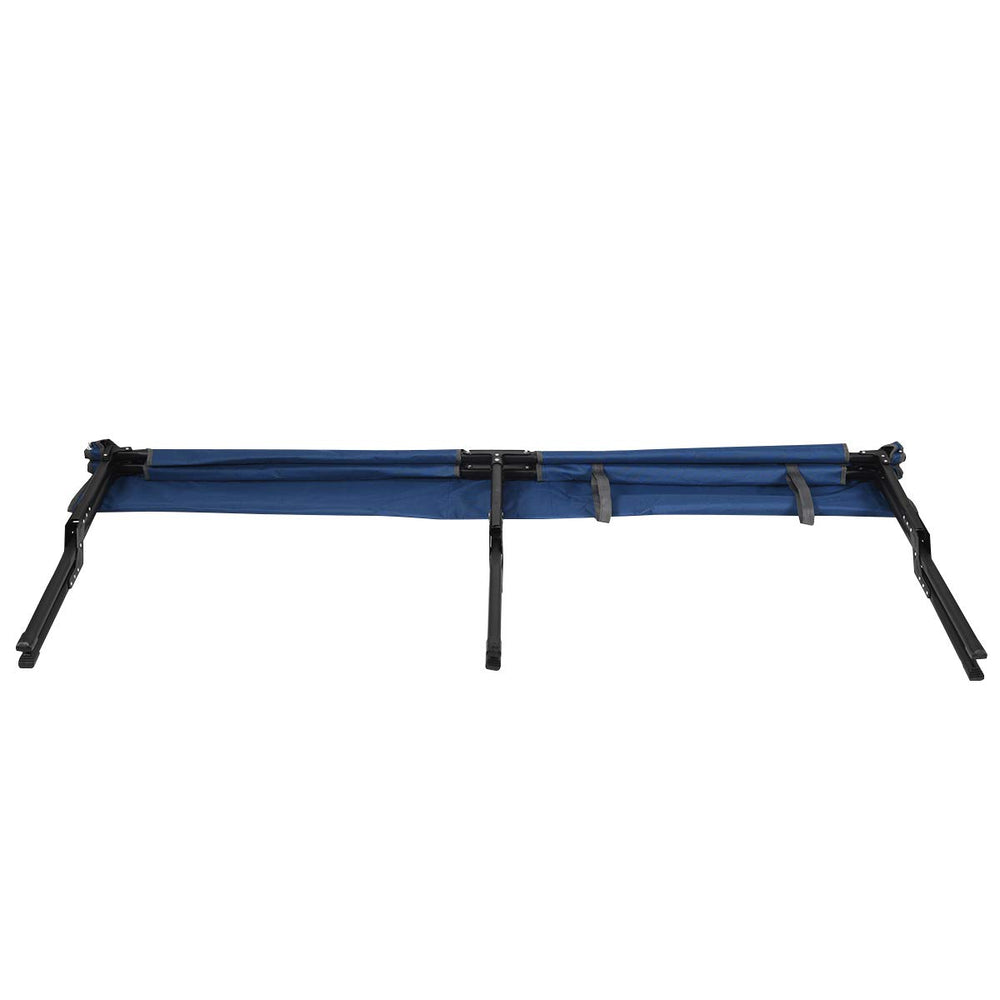 GYMAX blue camping cot ready for camping, hunting, or travel.