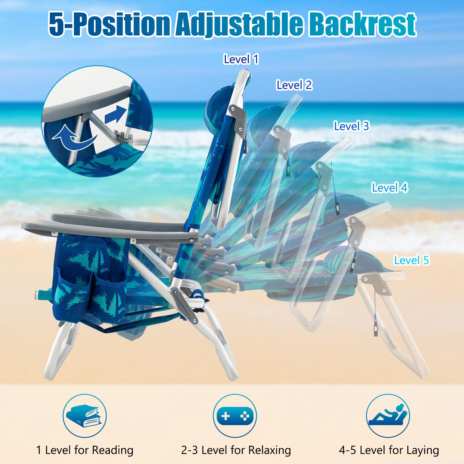 GYMAX camping chair showing five adjustable positions for comfort