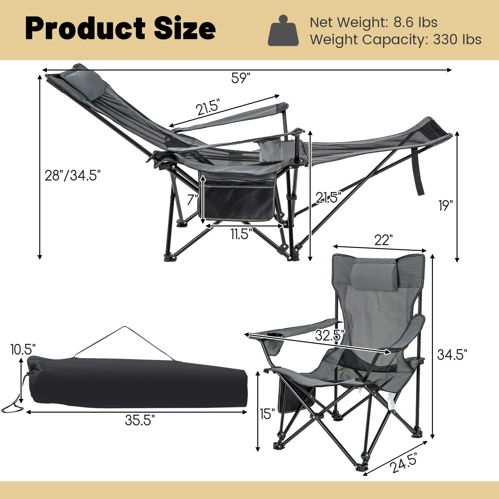GYMAX camping chair with padded pillow supports neck and head during outdoor lounging.