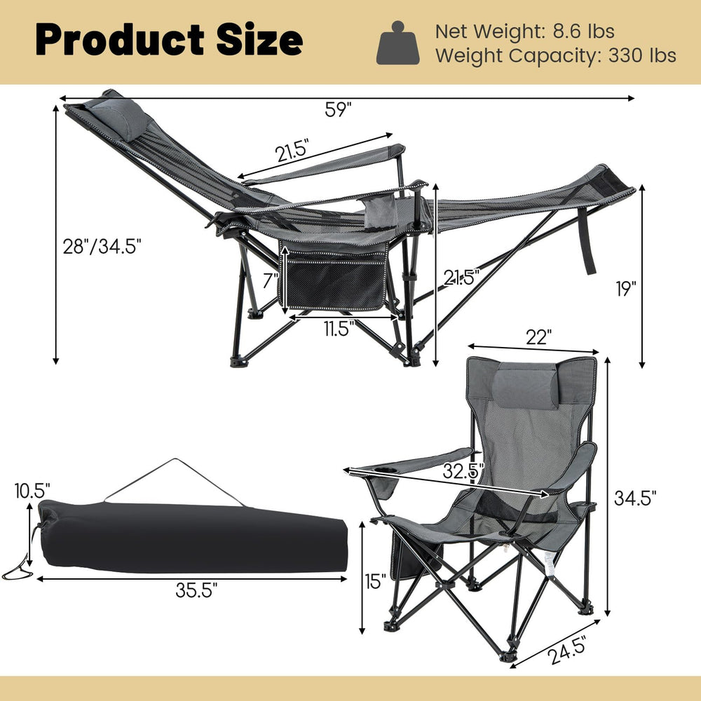 GYMAX camping chair with padded pillow supports neck and head during outdoor lounging.