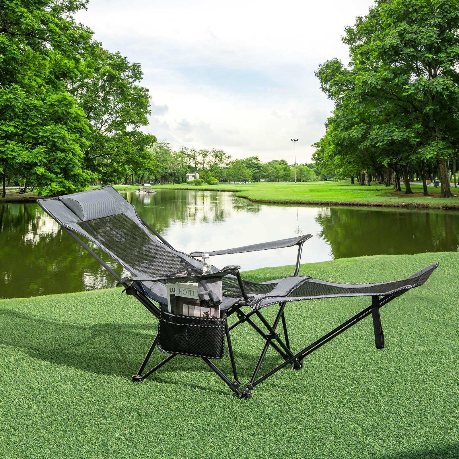 GYMAX camping chair with removable footrest enables full leg relaxation on trips.