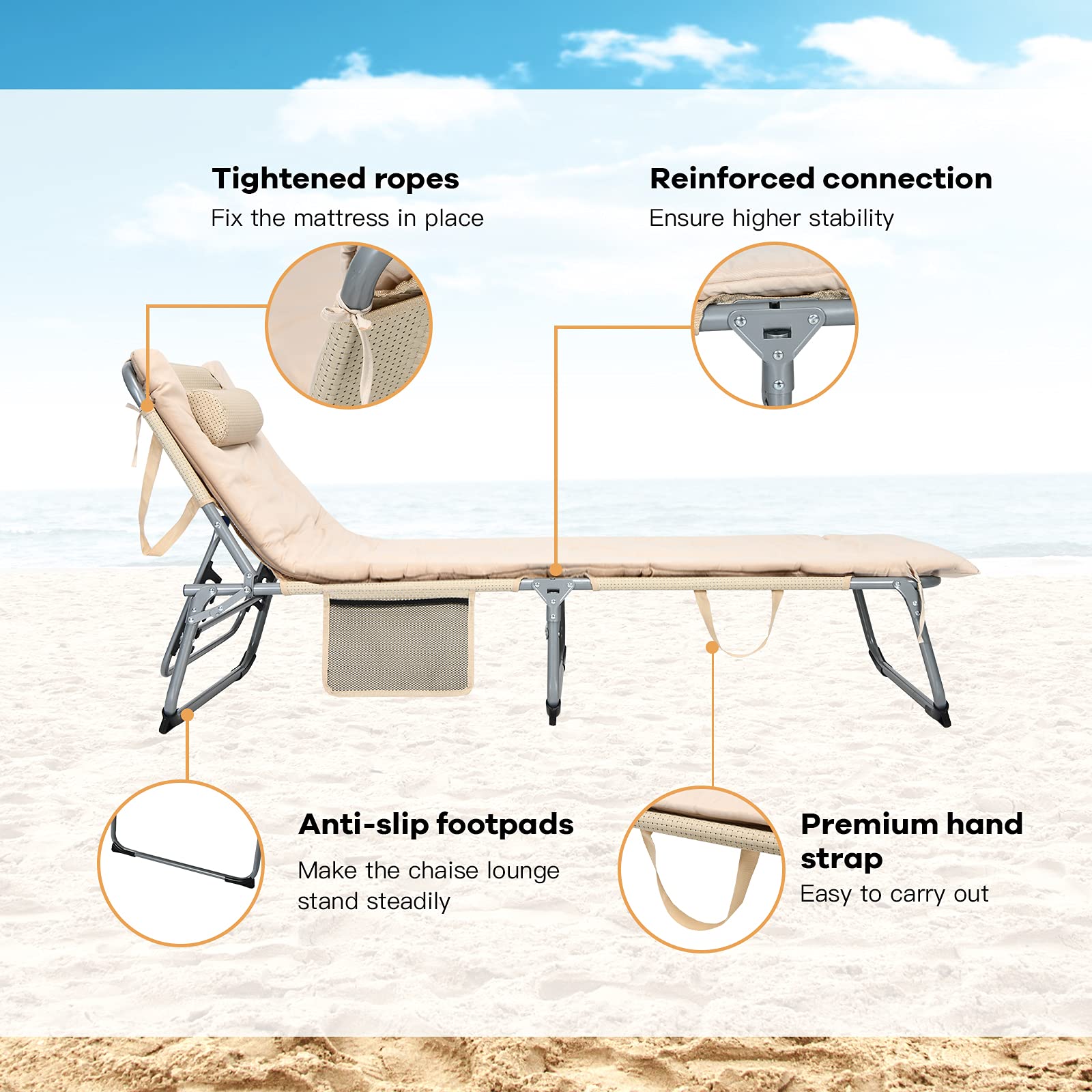 GYMAX Camping Cot in beige provides a neutral, outdoor-ready look.