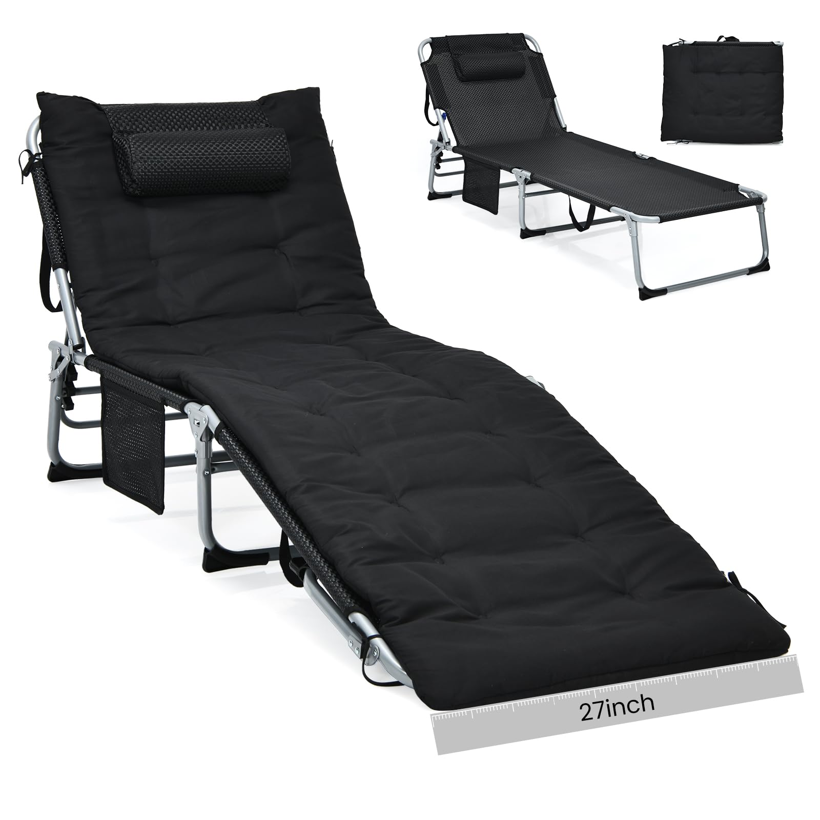 GYMAX camping cot front view in black for outdoor sleeping comfort.