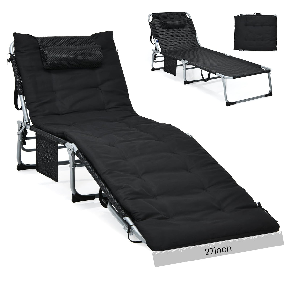 GYMAX camping cot front view in black for outdoor sleeping comfort.