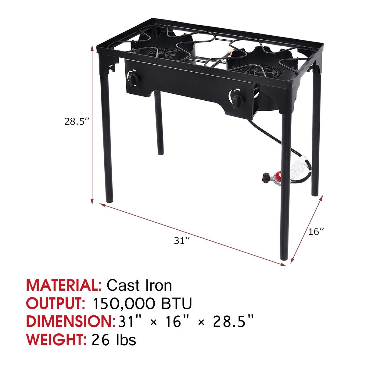 GYMAX camping stove weighs 26 pounds for portable outdoor cooking.