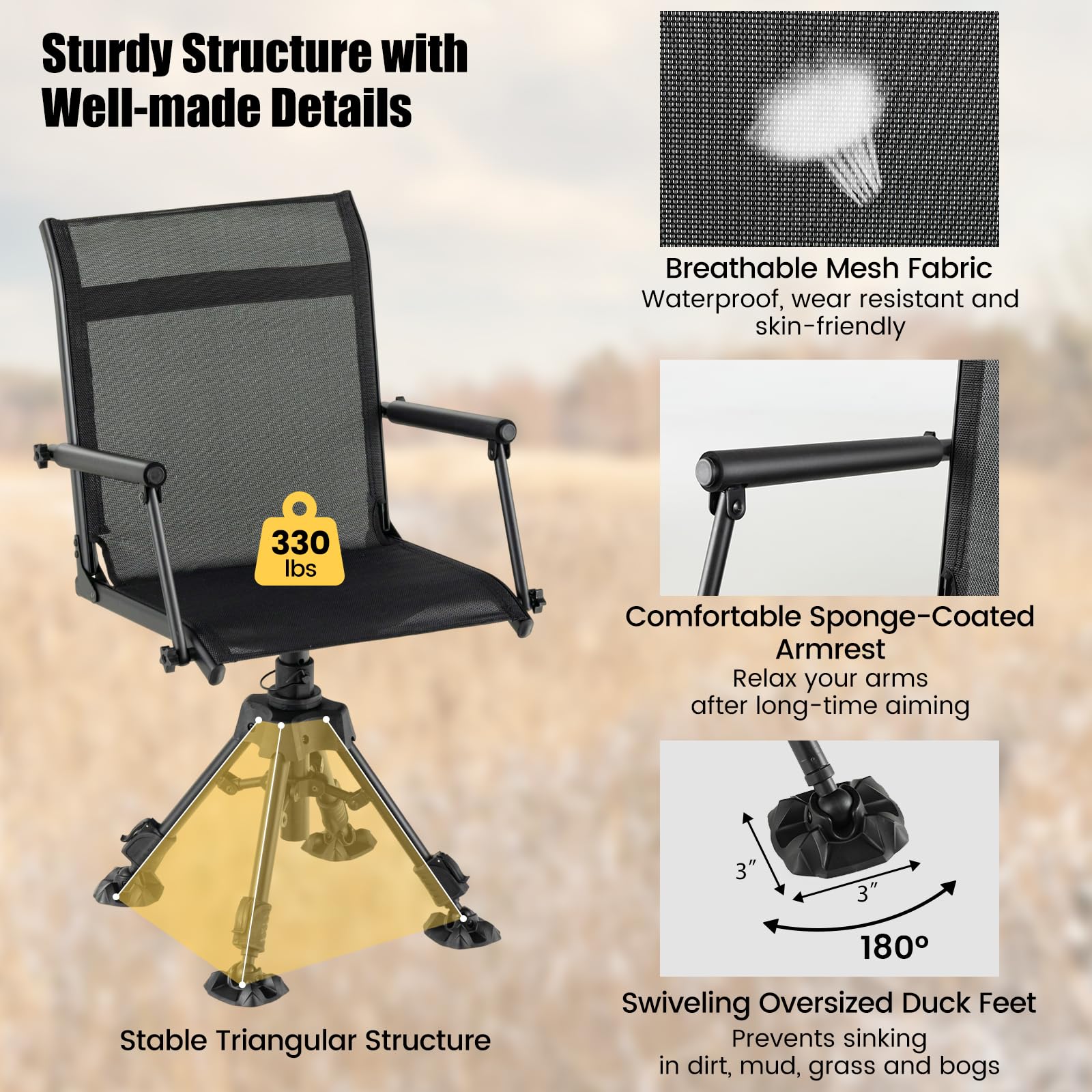 GYMAX chair features four oversized duck feet for stability on soft terrain.