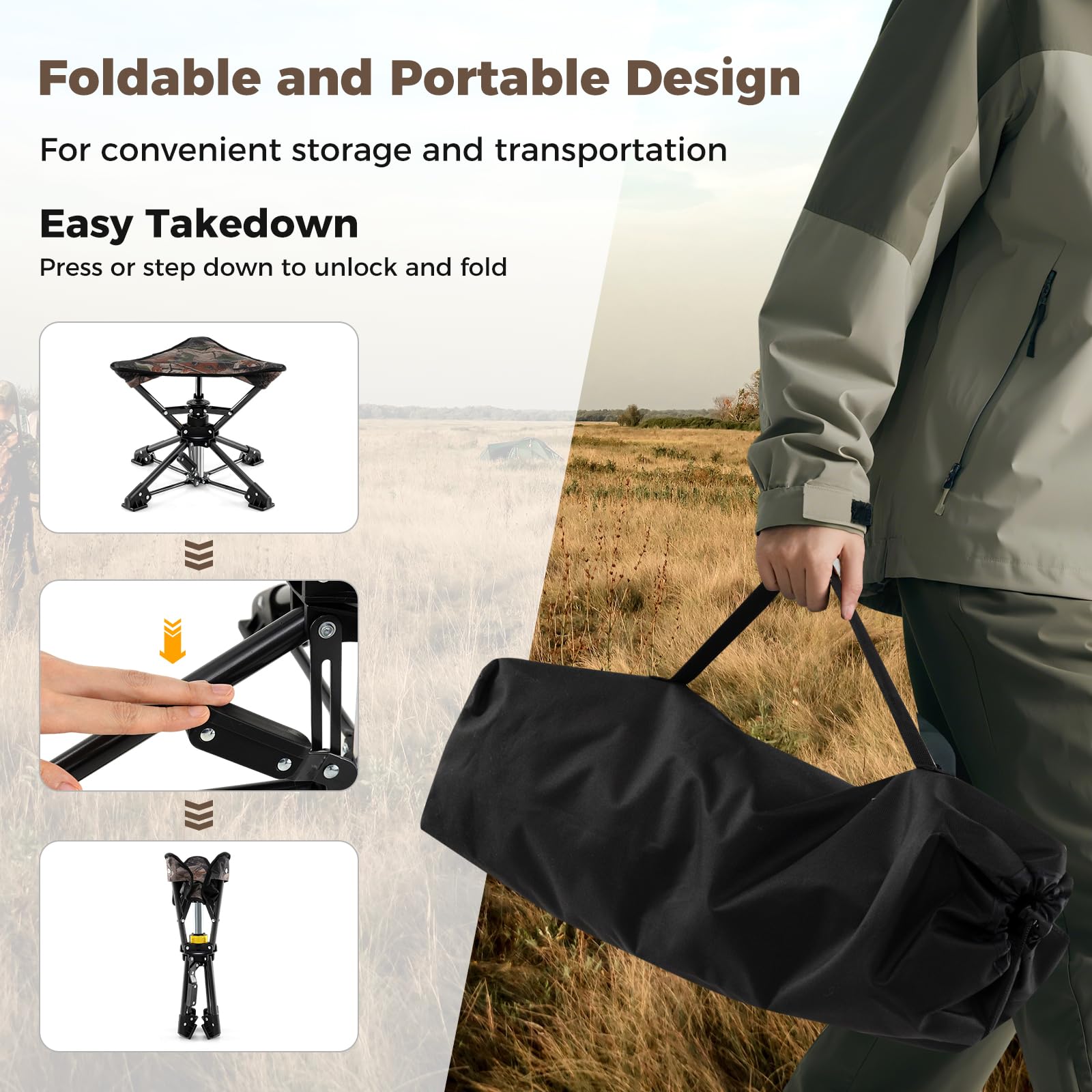 GYMAX 360° Swivel Camping Stool – Portable Folding Chair with Carry Bag