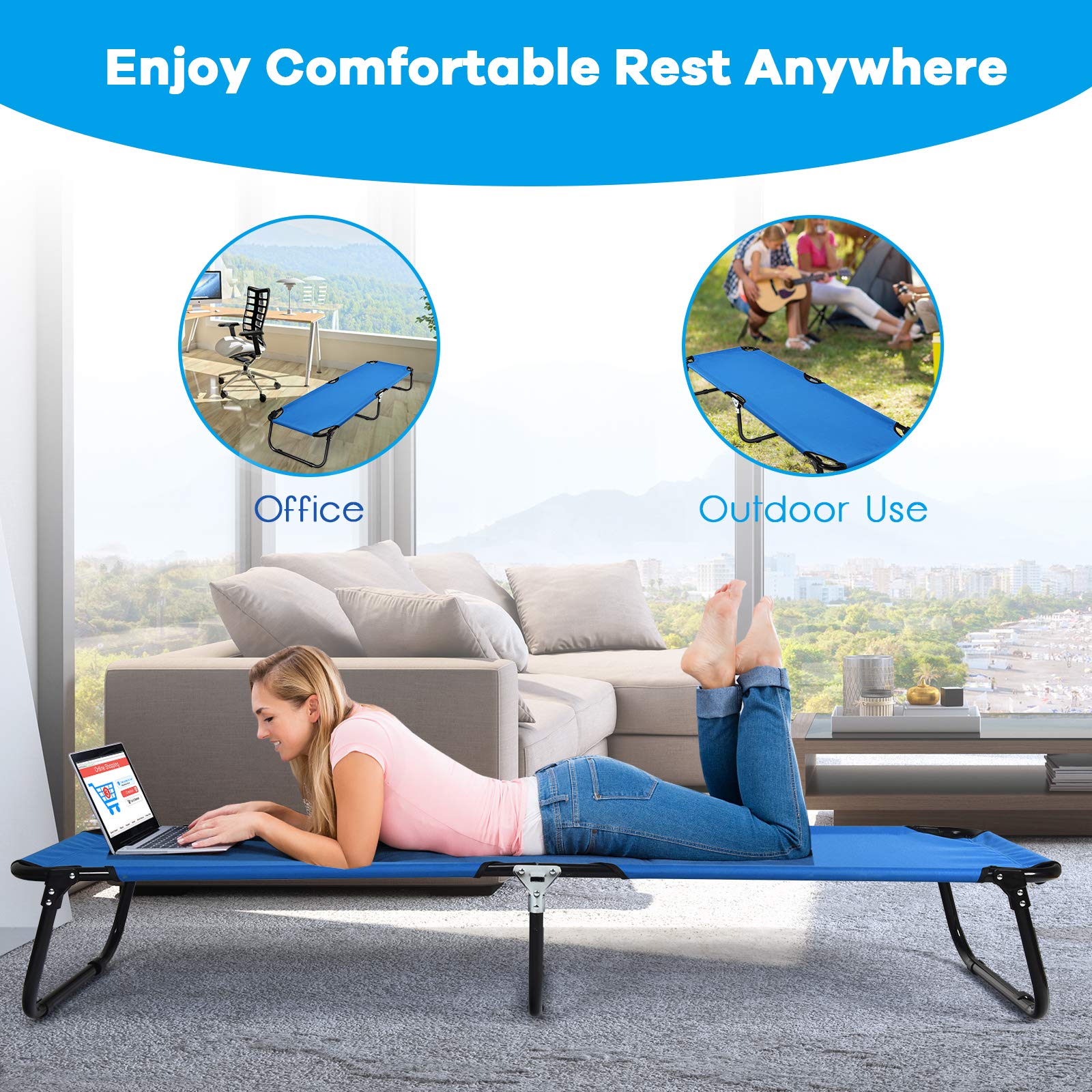 GYMAX cot 1-inch steel frame provides solid support.