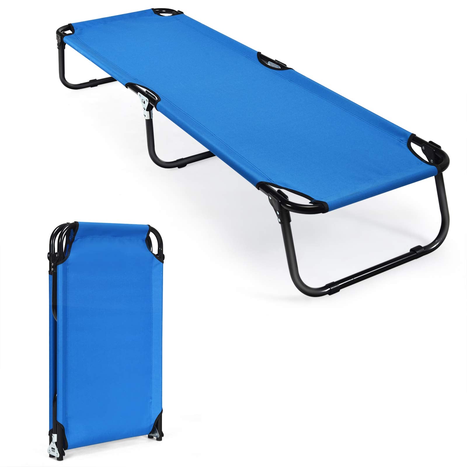 GYMAX cot unfolded setup for quick, comfortable outdoor rest.