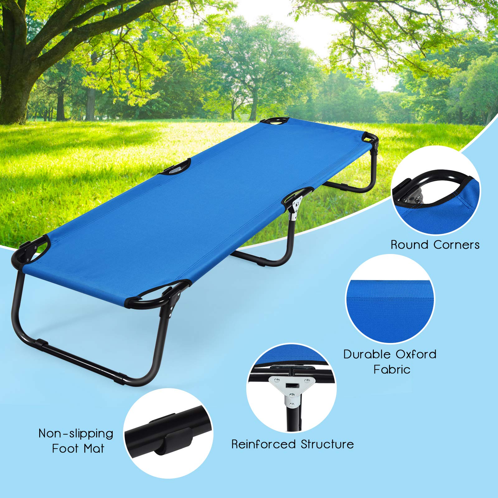 GYMAX cot waterproof fabric keeps you dry outdoors.