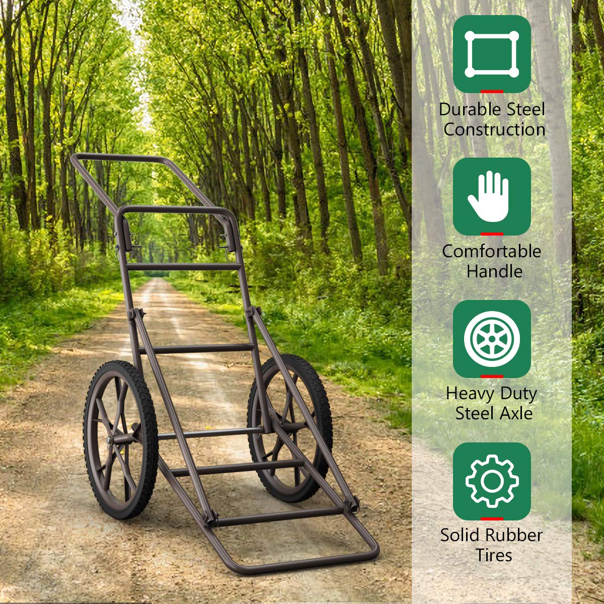 GYMAX Deer Cart hauling hunting gear and bait on rugged paths.
