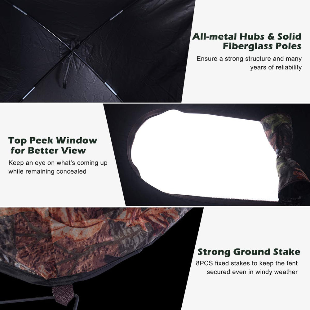 GYMAX deer and turkey hunting tent in camouflage blends with surroundings