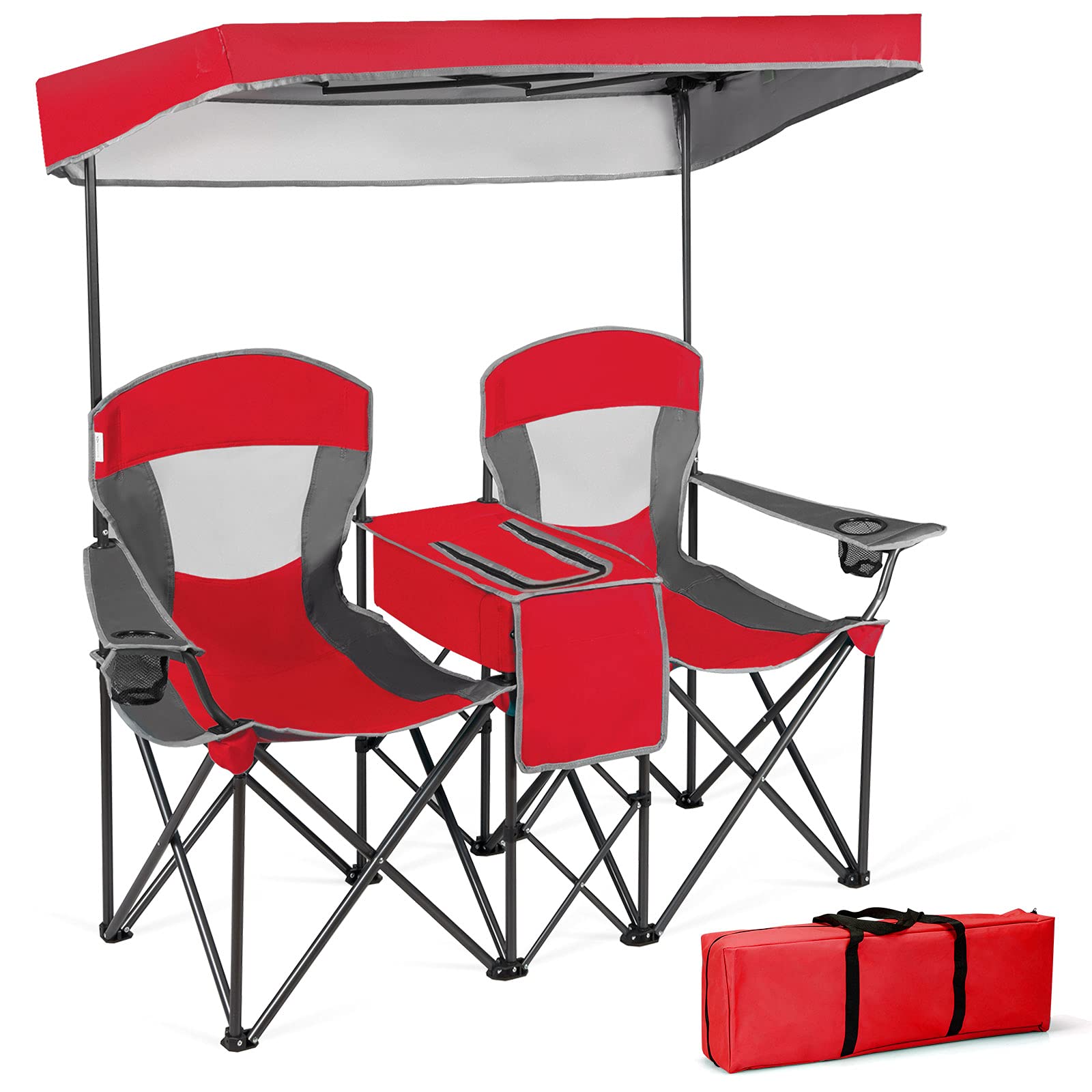 GYMAX double camping chair canopy for adjustable sun protection during outdoor events.